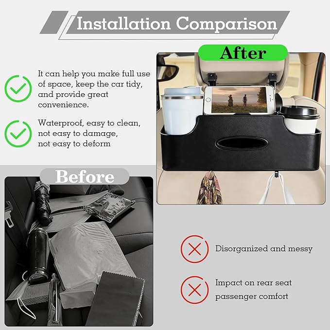 Back Seat Car Organizer, Upgraded Multifunctional Car Storage Box, Hanging Back Seat Storage Organizer, with Phone Holder, Tissue Box, Cup Holders, Hooks (Type B - Black)