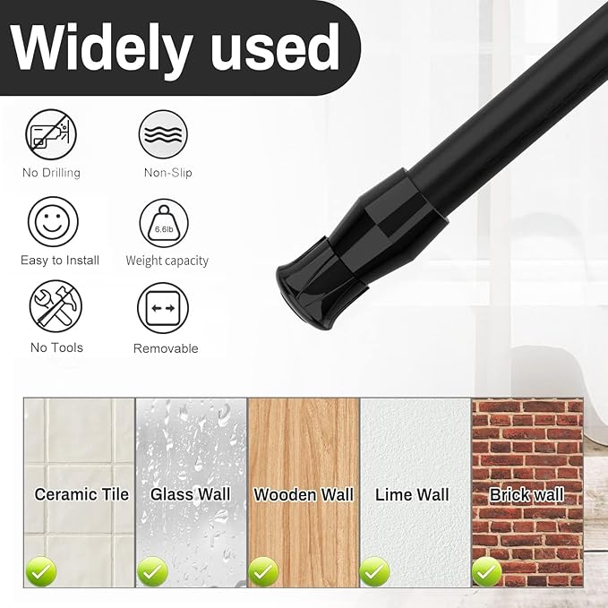 2Pcs Spring Tension Curtain Rod，21-38 Inches Adjustable Expandable Pressure Black Curtain Tension Rods For Kitchen, Bathroom, Window, Home