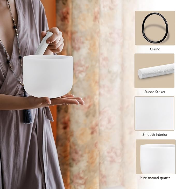 Ryan Dvan 432Hz 8 Inch B Note Crystal Singing Bowl for Healing Mindfulness Meditation Yoga Sound Baths with Case Mallet Suede Striker