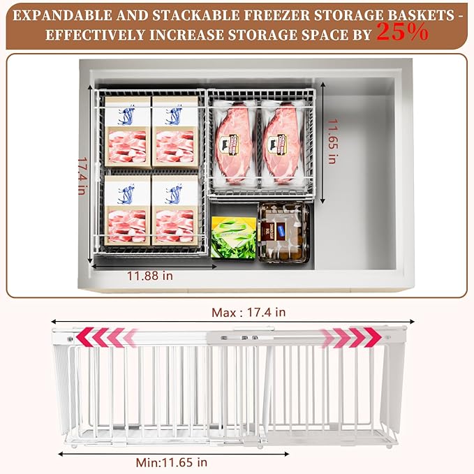 Large Freezer Organizer Bins, Upgraded Bottom Leak-Proof Net, 2 Pack, Expandable Stackable Chest Freezer Containers with Handle, for Fridge, Deep Freezer, Cabinet, Kitchen, Pantry (White-2Pack)