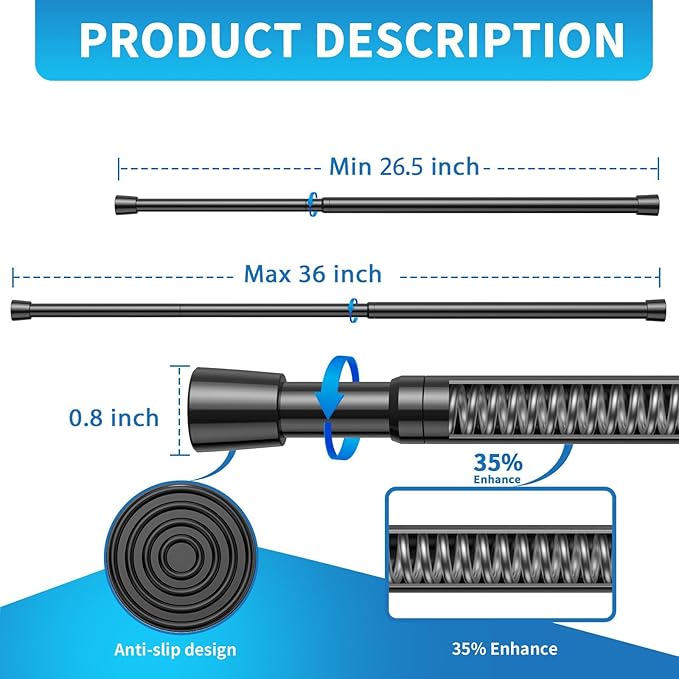 AIZESI Tension Curtain Rod for Windows 26.5 to 36 inch, Adjustable Expandable Pressure Spring Curtain Rod No Drilling, Black Curtain Rod for Bedroom Doorway Closet Door