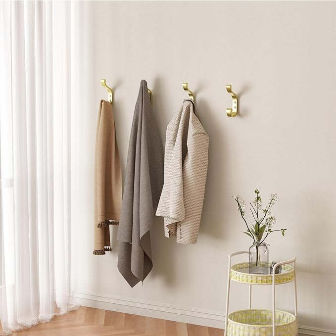 Gold Wall Hooks for Hanging Coats: Metal Mount - Large Heavy Duty (30 Lb) - Screw-In - Mudroom for Clothes, Backpack, Purse, Bathroom Towel, 6 Pack