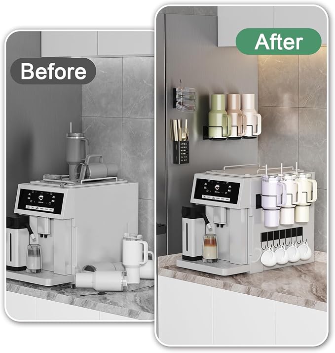Magnetic Cup Holder for Fridge, Aufworld Tumbler Organizer with 8-Hook Rack, Fits 20/30/40 oz Stanley Cups, Accessory Storage with Lid & Straw Holder, Water Bottle Organizer for Kitchen Refrigerator