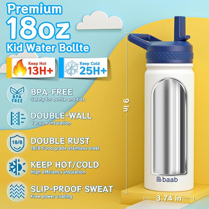 baab 18oz Kids Water Bottle, Insulated Water Bottle with Straw & Stickers, 18/8 Stainless Steel Vacuum Leakproof Kids Water Straw Cup for School, Perfect for Boy Girl (White, 1 Pack)
