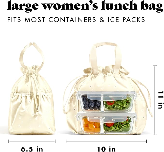 Fit & Fresh Cromwell Drawstring Lunch Bag for Women, Complete Lunch Set with 2 Containers, Stain-Resistant, Leak-Resistant, Back to School Essential, Teacher Lunchbox, Ivory Daisies