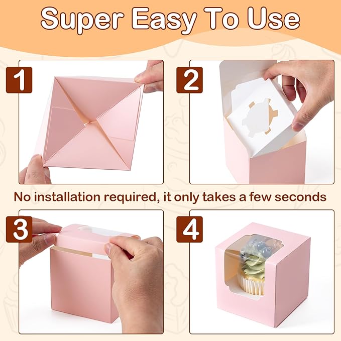 Hoewina 28PCS Cupcake Boxes, Individual Cupcake Containers with Window, Food Grade Cupcake Holders Carrier with Inserts, Stackable Deep Cake Box for Birthday Holiday Party Bakery Supplies (Pink)