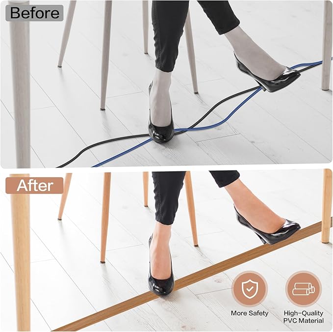 Floor Cord Cover Self Adhesive Cord Hider Floor Extension Cord Covers for Floor Power Cord Protector Cable Management Prevent Cable Trips Cable Cavity 0.47" W x 0.27" H (Light Brown Wood, 3.3Ft)