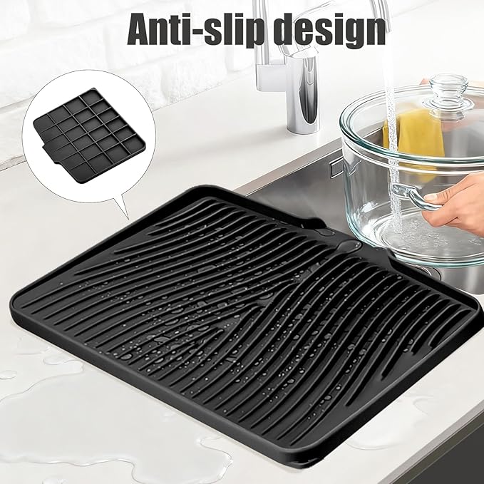 TIKNIK Silicone Dish Drying Mat, Stone Drying Mat for Kitchen Counter with Built-In Drain, Non-Slip Drain Pad with Built-in Drain, Heat Resistant Stone Drying Mat, 1Pcs Black(20" x 15")