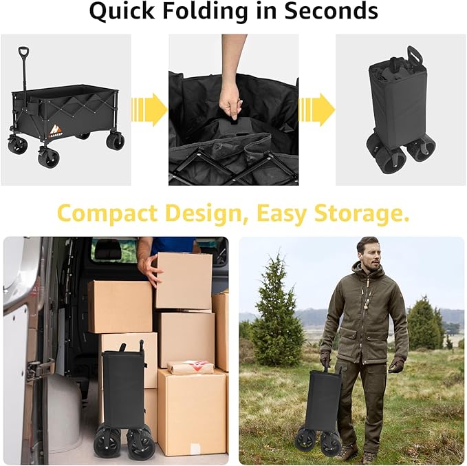 Collapsible Wagon Cart with Wheels Foldable - Folding Utility Heavy Duty Wagons Carts for Grocery Sports Garden Shopping Camping Wheelbarrows (Black, 220L)