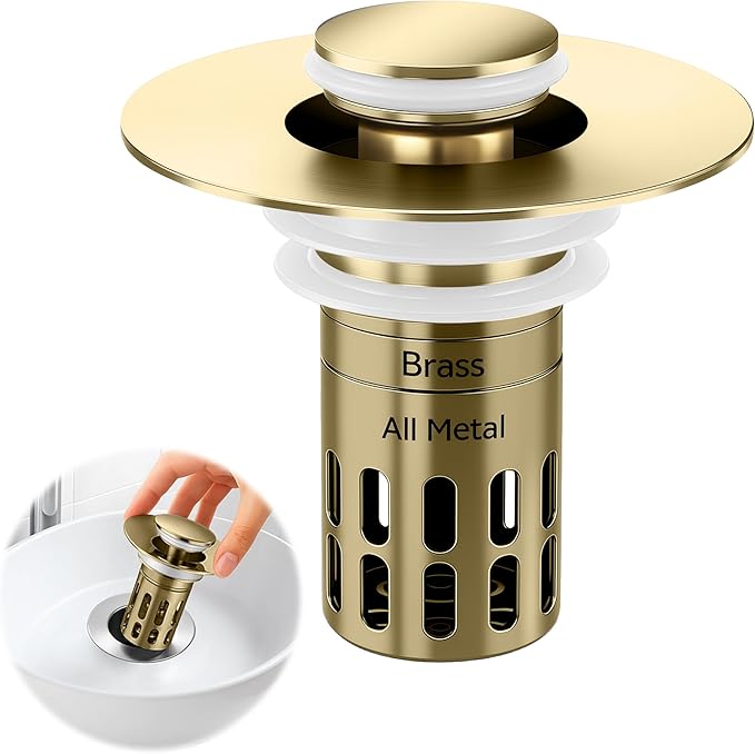 (All Metal) Bathroom Sink Stopper, Pop Up Drain for Bathroom Sink, Sink Stopper Hair Catcher, Silent Popper Core w/Removable Stainless Steel Filter Basket, Sink Drain Plug Fit for 1.05~2.0'' Basin