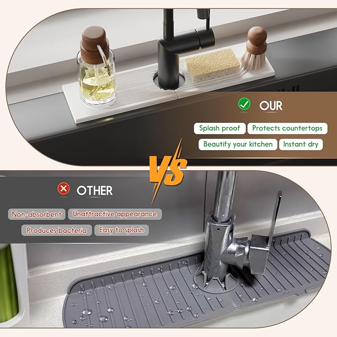 Faucet Mat for Kitchen Sink, Diatomite Quick Drying Tray, 15.8 Inch Kitchen Sink Splash Guard and Bathroom Stone Trays for Counter. Super Absorbent. White.