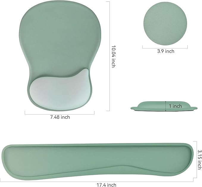 WINTOJO Wrist Rest Support for Mouse Pad Keyboard Set Circle Coaster Gaming Mouse Pad Ergonomic Gel Memory Foam Set for Computer, Laptop, Office, Pain Relief, Comfortably Typing Pure Green KM-34