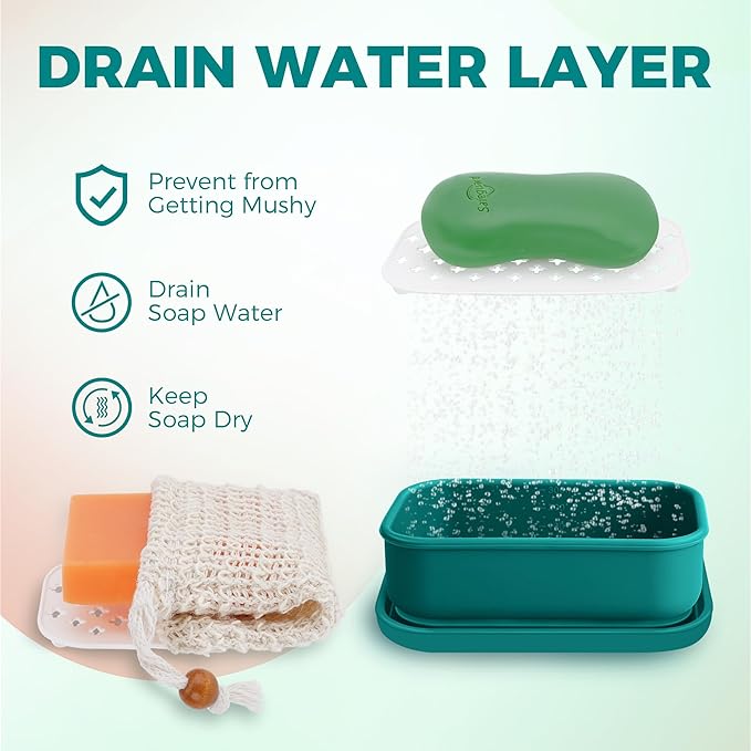 Silicone Travel Soap Container, Enhanced Leak-Proof Travel Soap Case with Draining Layer, Portable Bar Soap Holder, Soap Box with Soap Bag, Soap Dishes for Bathroom/Camping/Gym (Green)