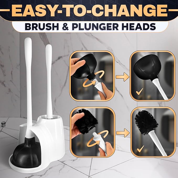2-in-1 White Toilet Brush and Plunger Set with Holder – Compact Bathroom Cleaning Combo, Strong Rubber Plunger & Stiff Bristle Brush, Space-Saving Stand, Fits Most Standard Toilets, 9.3×6.3×15.2 inch
