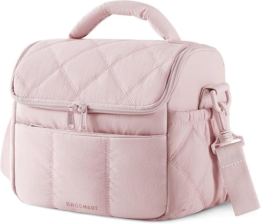 BAGSMART Insulated Lunch Bags for Women, Cute Quilted Lunch Box, Lightweight Puffy Padded Waterproof Lunch Tote, Reusable Lunch Cooler for Work Picnic Travel, Pink