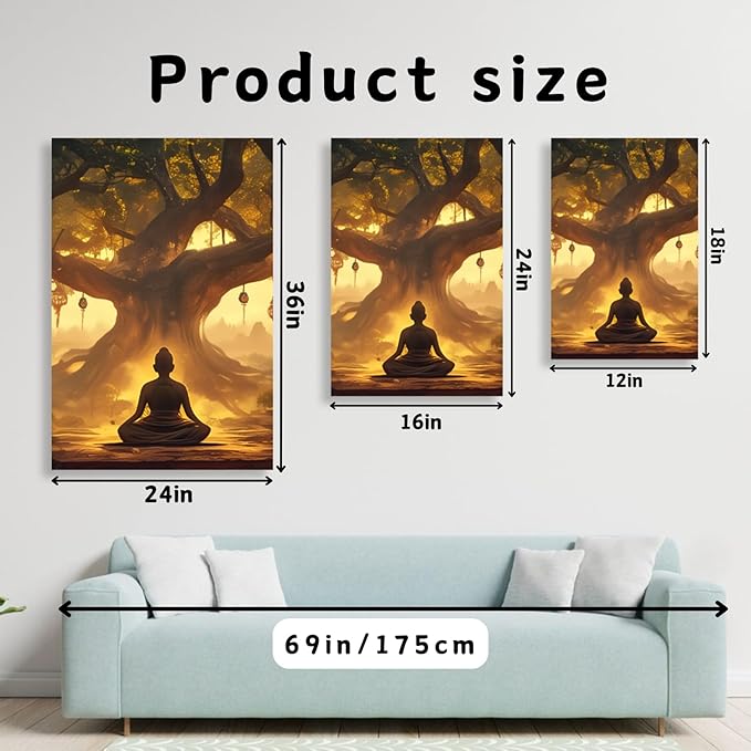 WithHope 3 Piece Buddha Canvas Wall Art, Buddha Home Decor, Buddhist Decorations, Zen Canvas Wall Art, Tree of Life Artwork, Zen Decorations, Modern Painting, Living Room Decor (24" x 36" x 3 pcs)