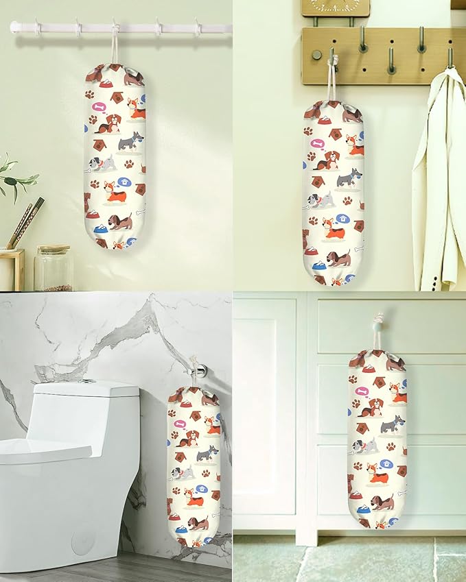 Kokaaee Plastic Bag Holder, Grocery Bag Organizer - 1 Pack Cute Kitchen Dispenser Holders Reusable Shopping Western Hanging Wall with Adjustment Drawstring Closure for Women Home, Dogs