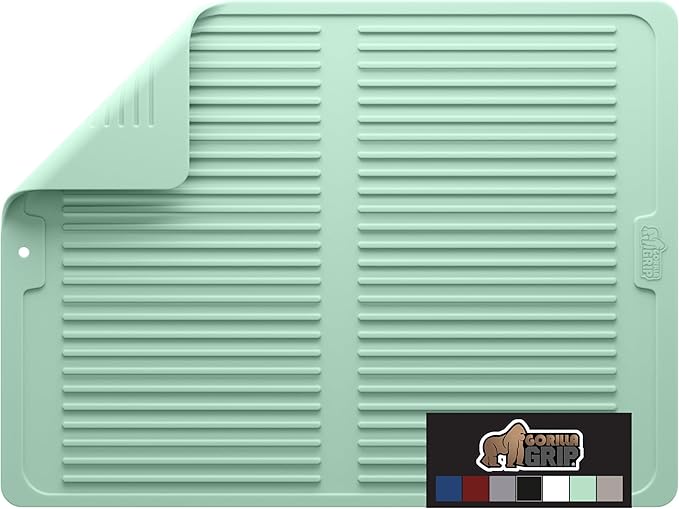 GORILLA GRIP 100% BPA-Free Patented Silicone Dish Drying Mat for Kitchen Counter, Water Catching Ribbed Design, Easy Clean Waterproof Sink Liner, Heat Resistant, Fits Under Rack, 11x13 Inch, Mint