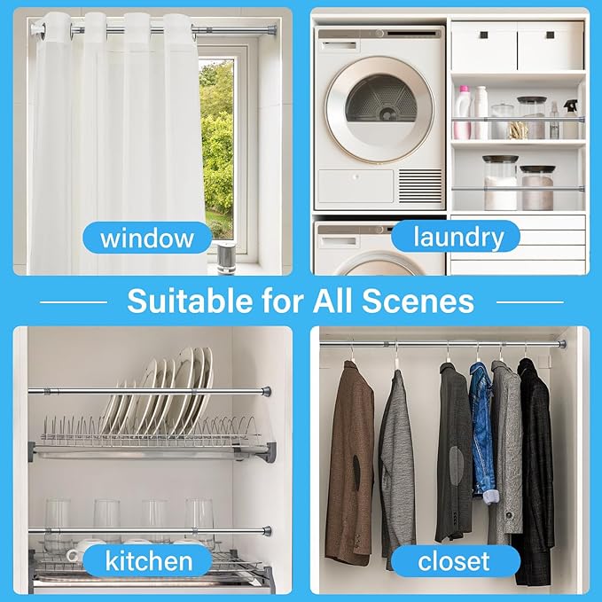 2-pack Spring Tension Rods, 23-46 Inch Adjustable Silver Tension Rod, Extendable Short Curtain Rod, Spring Loaded Curtain Rods, Tension Rod for Curtains, Closet, Kitchen