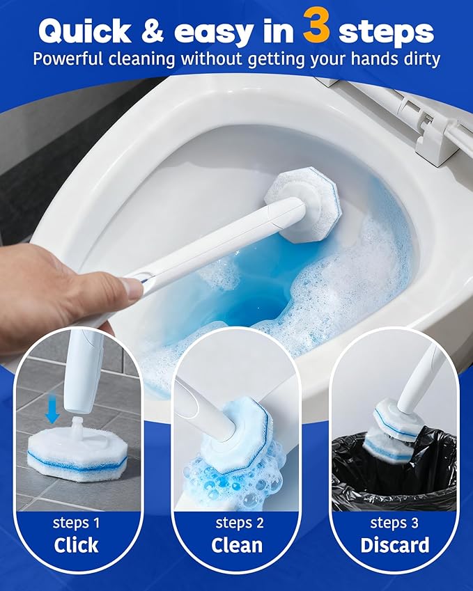 Disposable toilet wand refills (50 pack) compatible with Clorox, secure lock no-slipping design, instant foam cleaning scrubber pads, odor neutralizing refills