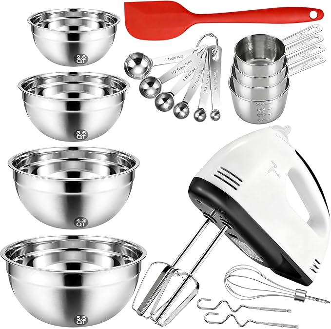 Showvigor Electric Hand Mixer with Stainless Steel Mixing Bowl Set –7 Speeds Turbo-Boost Hand Mixer with Large Mixing Bowls, Measuring Cups, Spoons & Silicone Spatula for Kitchen Cakes Eggs Baking