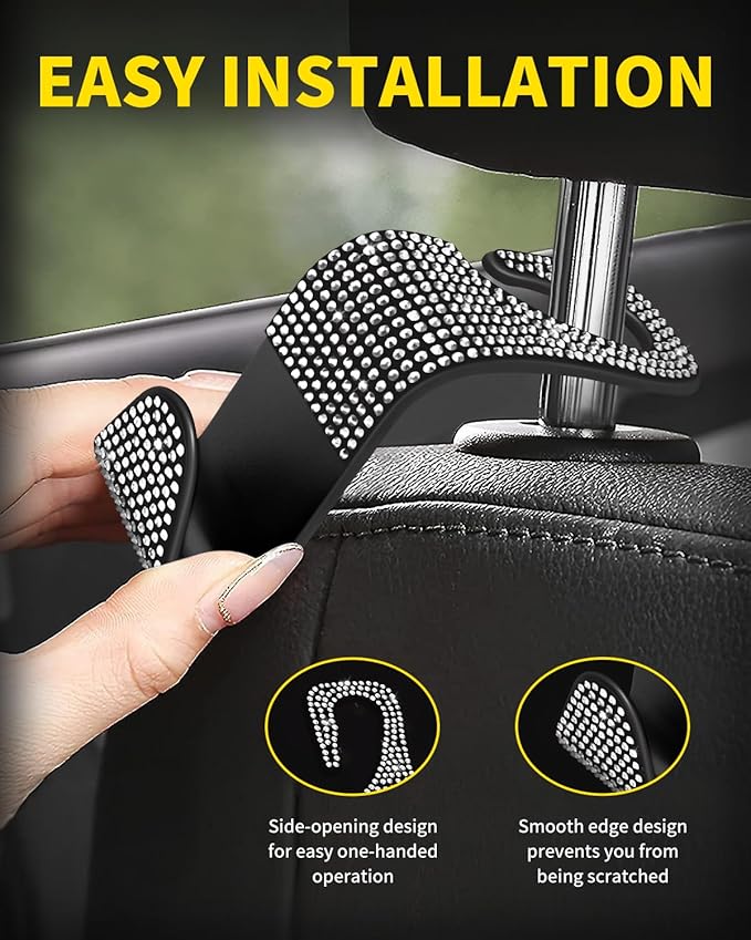 MEALAM 4 Pack Blink Diamond Car Seat Headrest Hooks Crystal Rhinestone Car Purse Holder Universal Interior Accessories for Handbags, Water Bottles, Coats, Umbrellas, White