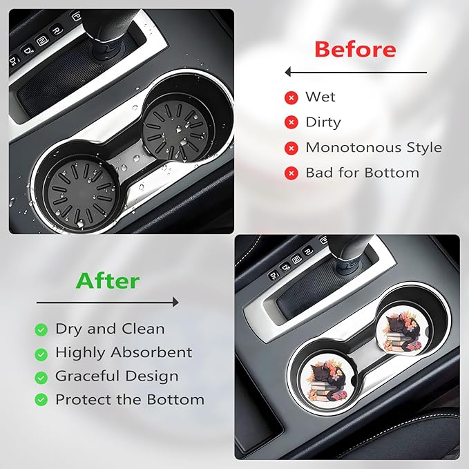 Car Cup Holder Coasters, 2 Pcs Ceramic Coasters with Cork Back and Finger Slot, Anti-Slip Shock Absorbing Women and Men Universal Car Accessories - Cat Floral