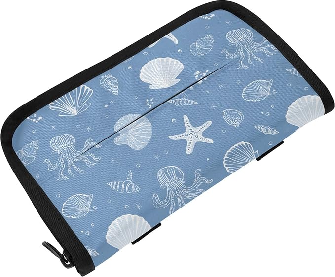 Car Tissue Holder Car Napkin Holder Car Tissue Box Dispenser Storage Case Sun Visor Mask Holder with Adjustable Straps Reusable Refillable Simple Seashells Starfish Blue