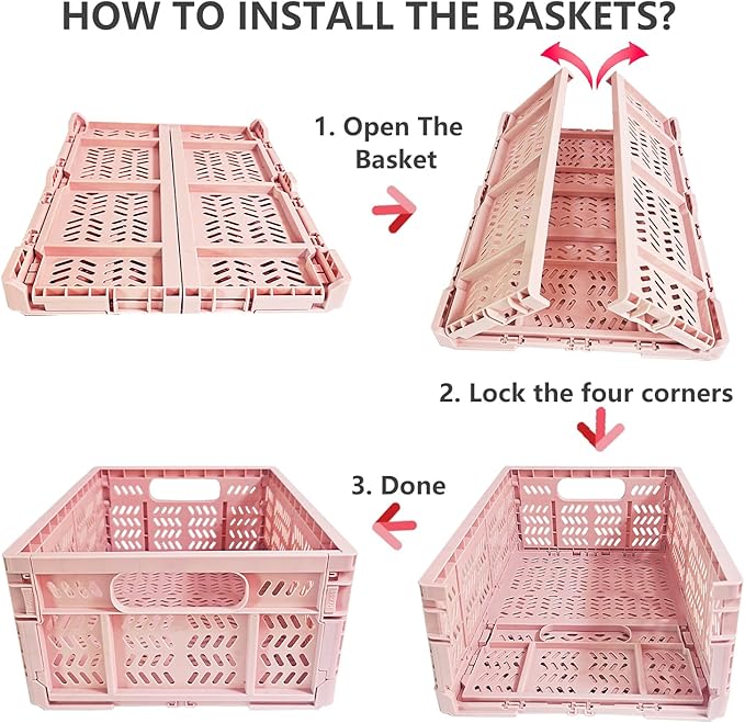 PTEREIW 20L Foldable Crates, 4Pack Plastic Baskets for Home and Office,Plastic Folding baskets,Collapsible Crates for Chrismas Gifts, Toys Storage. (Light Pink,15.7x11.8x6.3Inc)