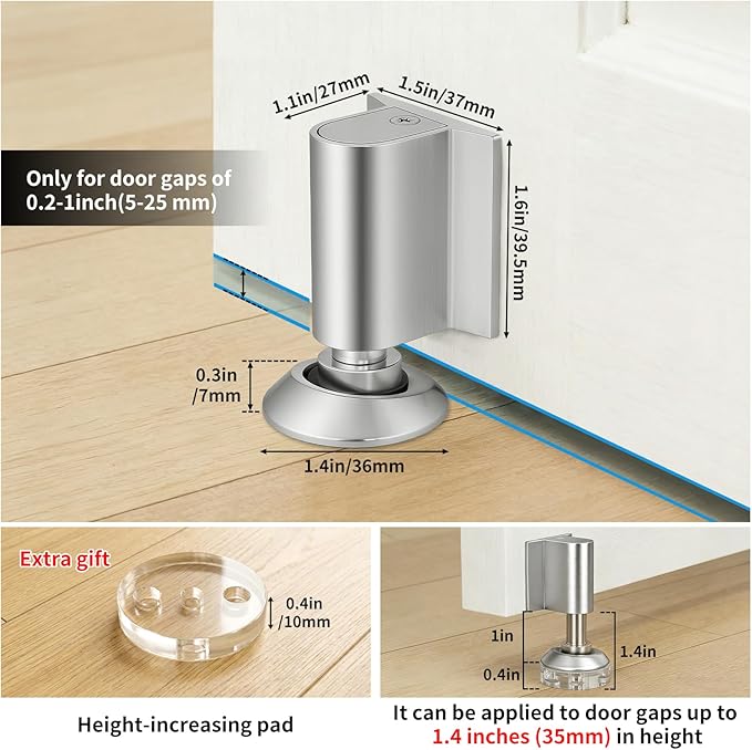 Magnetic Door Stoppers, Magnet Door Stop - Stainless Steel Door Catch, Retractable Bottom of Door Holder Suits Gaps Within 1.4" Keep Door Open, No Drill 3M Adhesive & Screws - Silver 1Pack