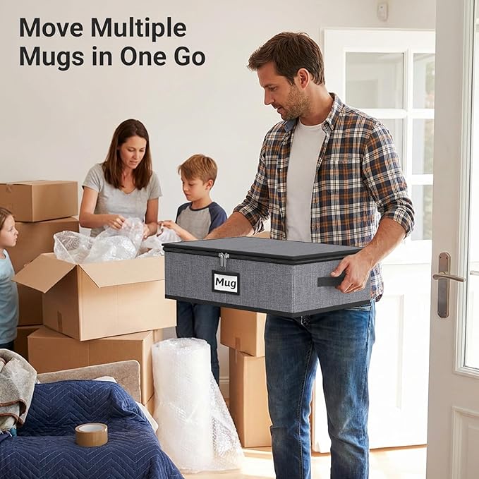 MISSLO Large Capacity China Storage Containers Hard Shell Plate Storage Containers, Kitchen Packing Moving Boxes for Dishes, Dinnerwares, Mugs Protectors, Grey, Mug Storage