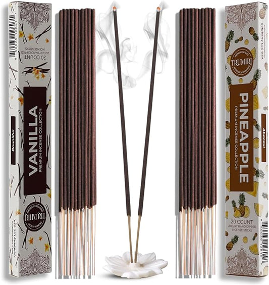 Trumiri Incense Sticks - Combo Pack of 40 Insence-Sticks - 20 Vanilla + 20 Pineapple - Insenses - Insents - Incents - Inscense - Incence - Incienso - All Natural Incense Sticks