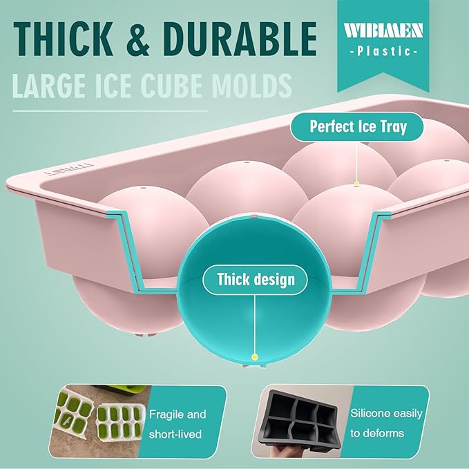 WIBIMEN Large Ice Cube Molds, Big Round Whiskey Ice Cube Trays for Freezer, Easy to Fill & Release, Whiskey Bourbon Cocktail (2.5In*8 Balls - Pink/2 Pack)