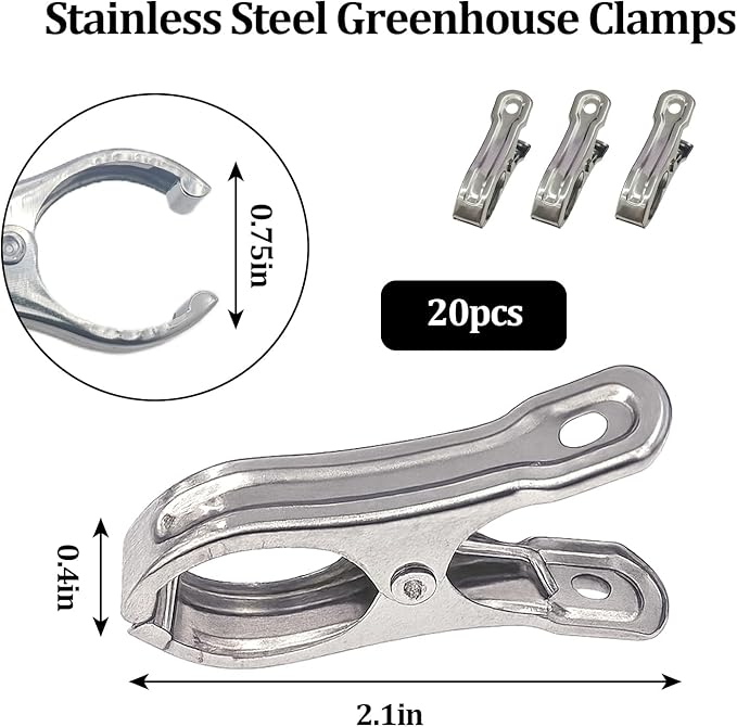 Garden Clips Stainless Steel Greenhouse Clamps Spring Clips for Garden Mesh, Shade Cloth, and Plant Support for Plants, Greenhouse, Outdoor Gardening (20 Pack)