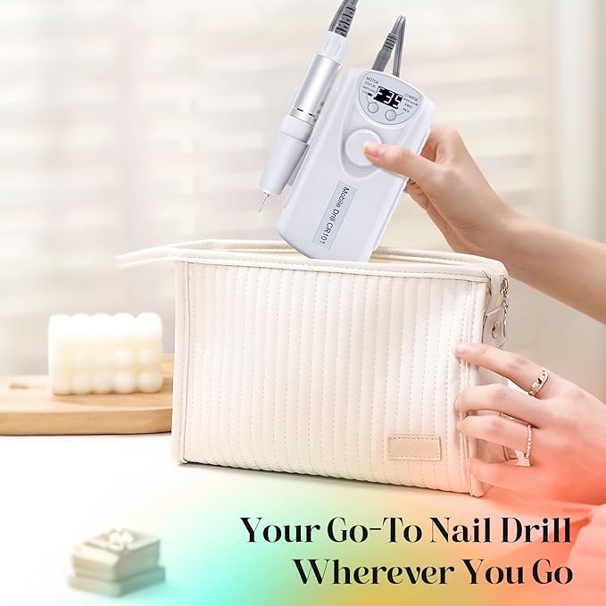 Professional Nail Drill Electric File:COYZU 35000RPM Portable Cordless Nail Drill Machine with Bits, Rechargeable E File for Acrylic & Gel Nails, Manicure & Pedicure Tech Tool for Home Salon, White