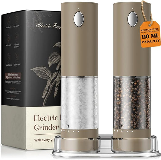 Electric Salt and Pepper Grinder Set, Rechargeable Automatic Salt and Pepper Shaker with 6 Adjustable Coarseness, Large-Capacity Pepper Mill Kitchen Appliances Gifts for Women(Brown）