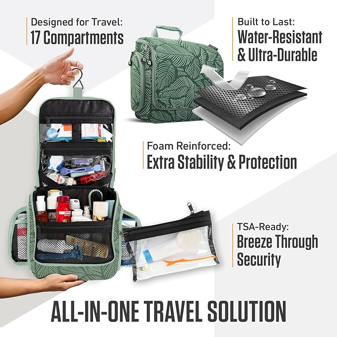 VENTURE 4TH Hanging Travel Toiletry Bag for Women & Men – Large Toiletry Organizer with 17 Compartments, Removable TSA Pouch, Travel Wash Bag for Toiletries, Makeup & Shaving Kit (Green Leaves)