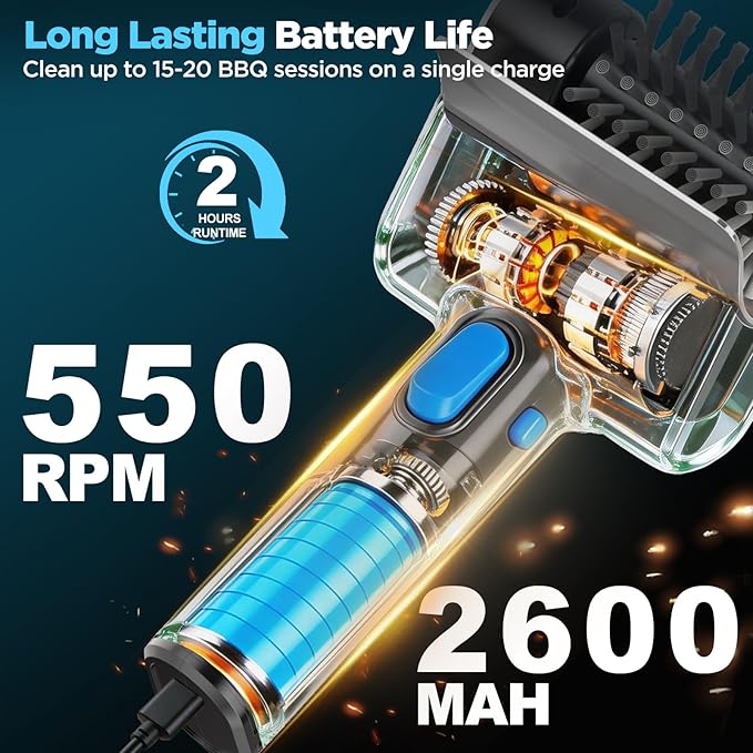 Electric Grill Brush with Dual Safety Lock - Ideal Gift for Men Dad Husband, Professional BBQ Cleaner with Submersible 304 SS Head, Splash-Proof Scrubber for Outdoor Grill (Blue Button)