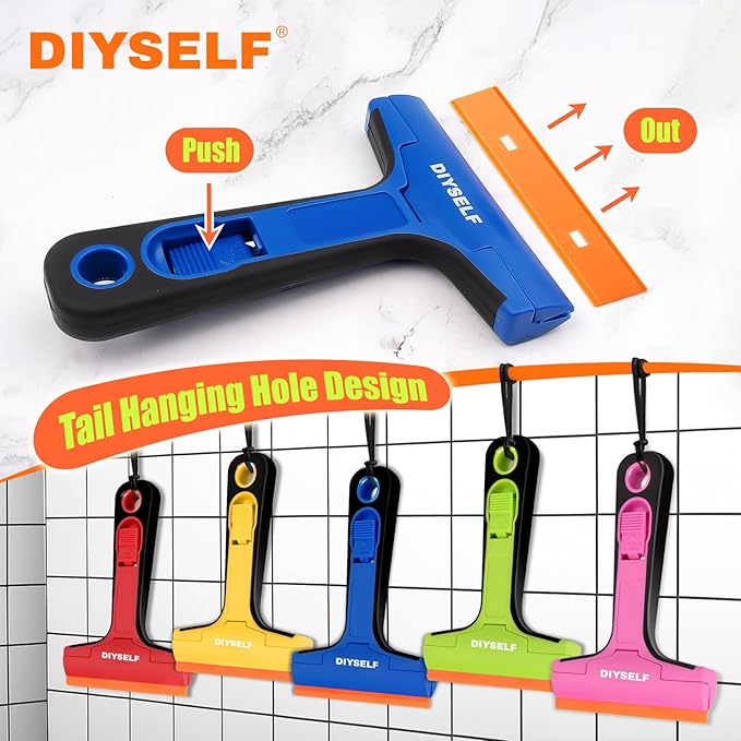 DIYSELF Plastic Razor Blade Scraper, 1 Pack Plastic Scraper Tool with 5 Pcs 4-Inch Plastic Razor Blades, Sticker Remover Tool and Decal Remover for Glass, Window, Labels, Adhesive, Cooktop, Tile