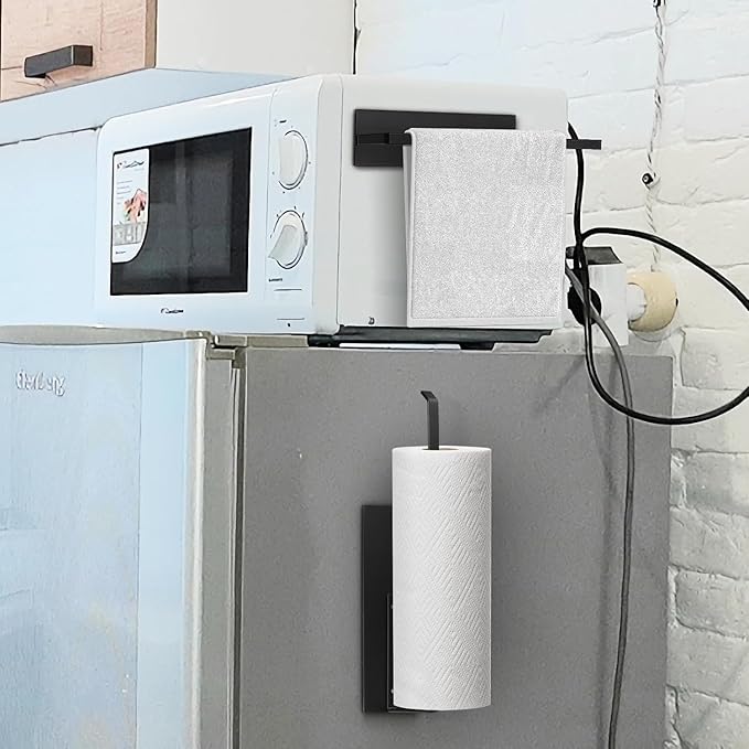 Paper Towel Holder Black, Toilet Paper Roll Holder Magnetic Towel Rack No Drilling Fridge Organizer Shelf for Towels Rolls Bar Bathroom Toilet Pantry RV Essentials Kitchen Organizer and Storage 2 Pack