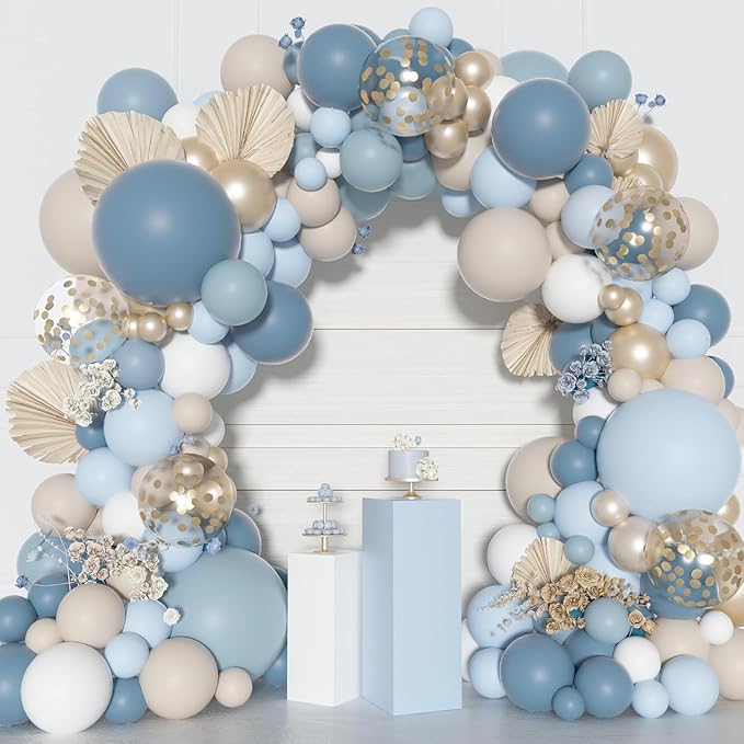 Ouddy Party Dusty Blue Balloons Arch Garland Kit, Different Sizes 18 12 10 5 Inch Dusty Blue Sand White Baby Blue Latex Metallic Confetti Balloon for Baby Boy Shower Wedding Birthday Party Decorations