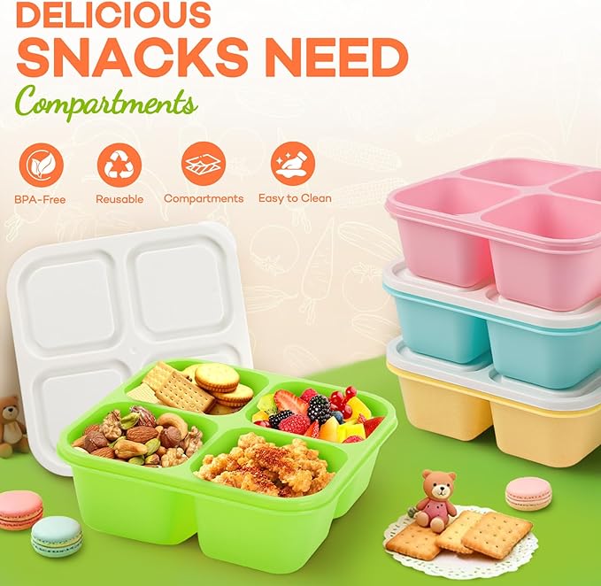 Bento Box Adult Lunch Box- 4 Pack,4 Compartment Snack Containers Reusable Meal Prep Stackable BPA-Free Lunch Containers for Home, Work, Travel (4 Color)
