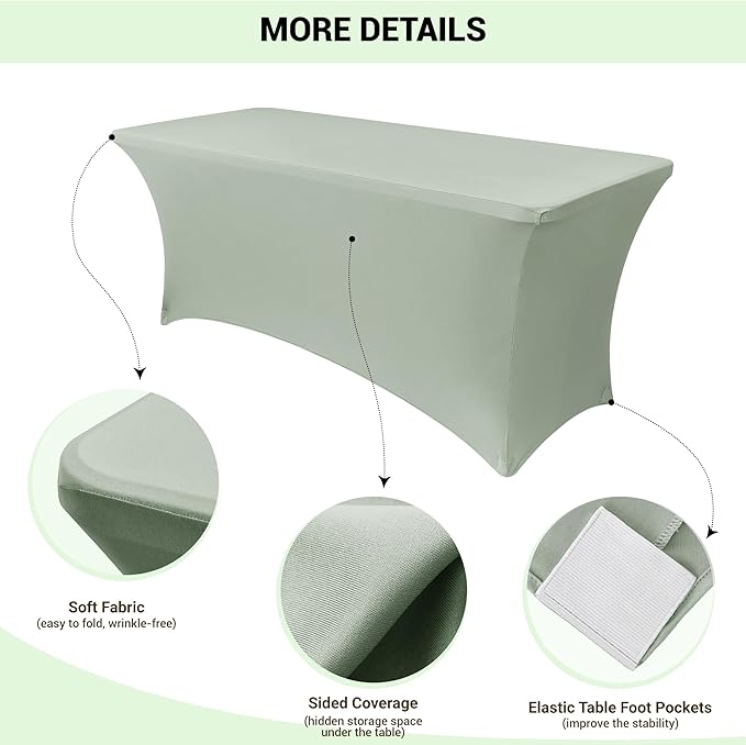 Obstal 2PC Sage Green Tablecloth - 4ft Rectangle Spandex Table Cover for Party, Events, Banquets & Weddings, Machine Washable