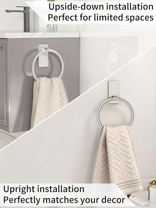 Brushed Nickel Towel Ring, Hand Towel Holder for Bathroom, Self Adhesive Hand Towel Rings for Bath, Kitchen, RV, No Drill Hole