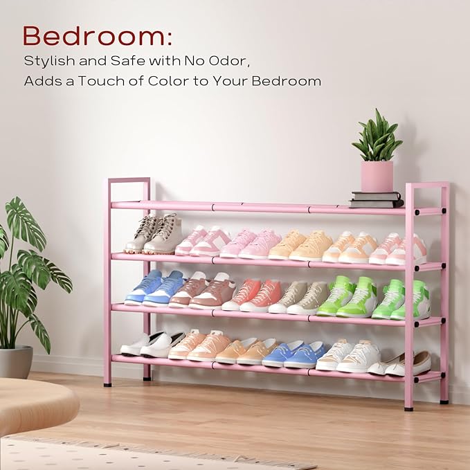Bumusty 4-Tier Long Expandable Shoe Rack for Closet, 18"-44" Adjustable Shoe Rack for Entryway, 20-24 Pairs Large Shoe Organizer Shelf Storage, Sturdy Metal, Black