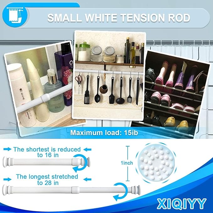 Small Tension Rods 16 to 28 inch ,Adjustable Shower Spring Tension Rod Short for Windows,Closet,Curtain,Doorway,Upgrade Diameter 1 inch,White