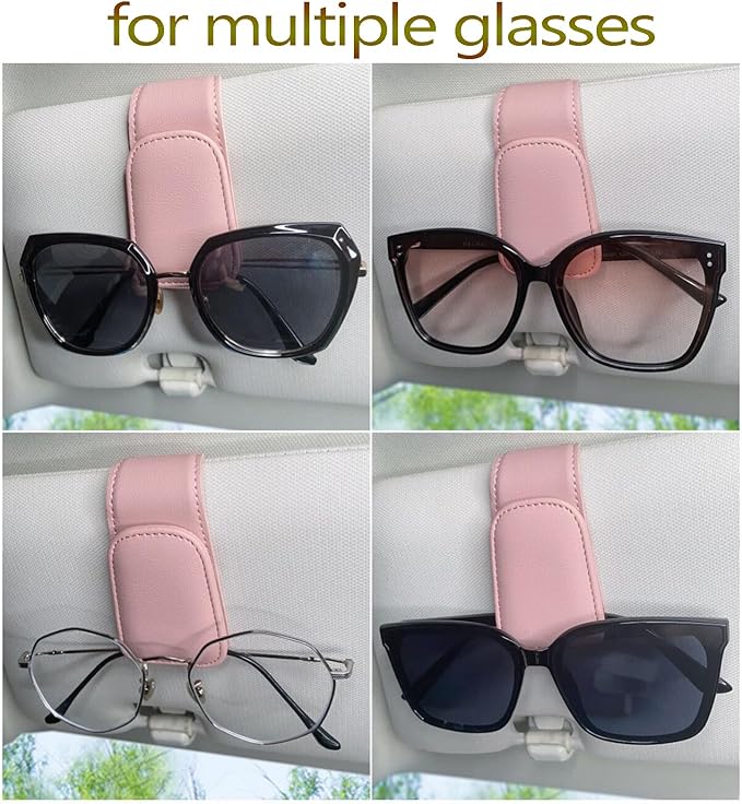 Magnetic Leather Sunglass Holder for Car, Sunglasses Clip for Car Visor, Auto Interior Accessories Universal for Different Size Eyeglasses(Pink)