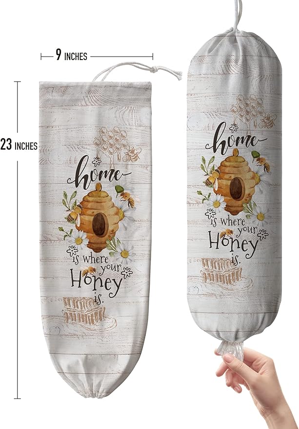 Hglian Bee Grocery Bag Holder, Plastic Bags Organizer Garbage Shopping Trash Bags Storage, Farmhouse Kitchen Décor-Home is Where Your Honey is