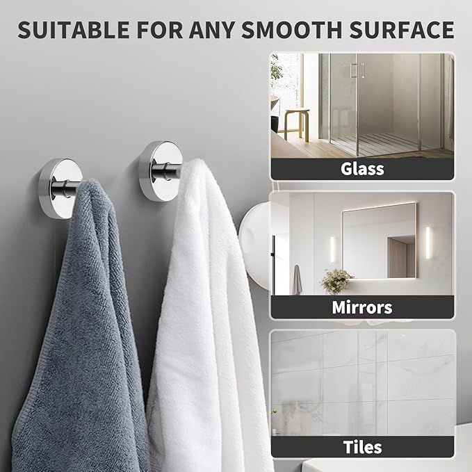 Suction Cup Hooks for Shower Stainless Steel, Suction Hooks for Shower Wall Hangs 11lbs, Bathroom, Kitchen, Glass Door, Mirror, Tile, Loofah, Towel, Coat, Bath Robe, Chrome 2 Pack