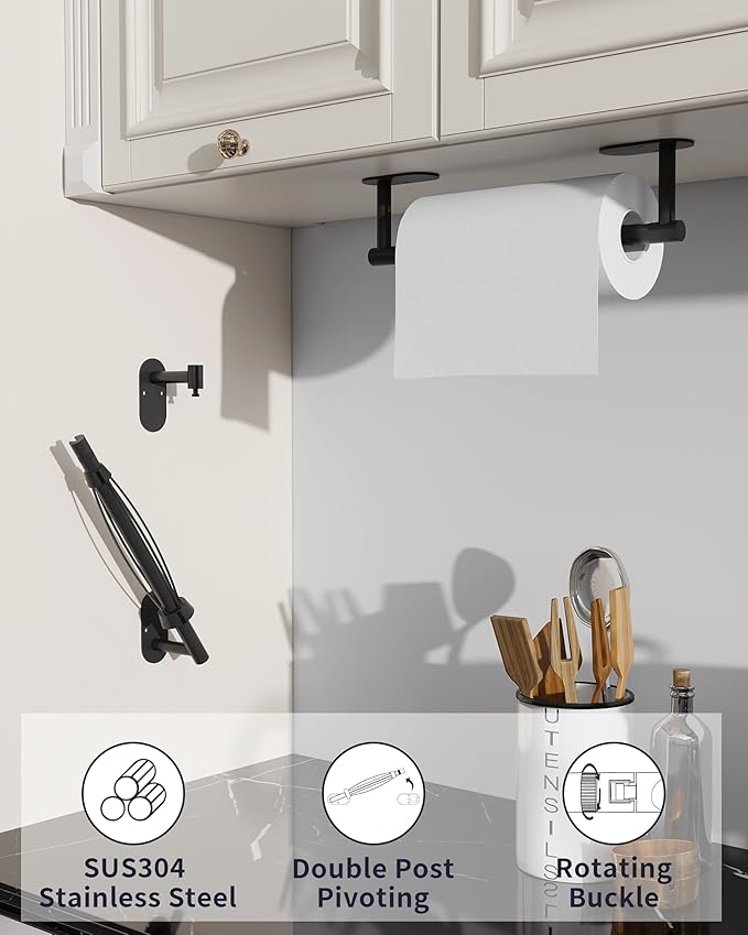 WZKALY Paper Towel Holder Under Cabinet, Self Adhesive or Wall Mount for Kitchen Bathroom, Stainless Steel Paper Towel Holders with Damping Effect, Single Hand Operable (Matte Black)